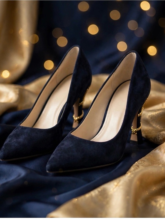 Bally Shoes - Bally Navy Suede Pointed Toe Pumps Size 7.5 Gold Chain Heel Designer